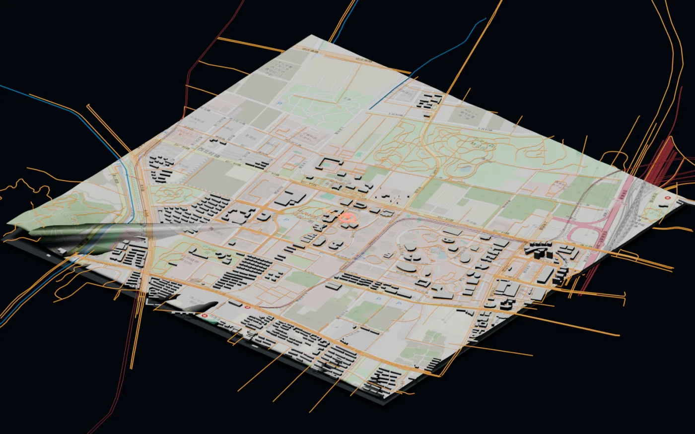 BlenderGIS 中的北京东软三维地理场景，包含地形、道路和建筑